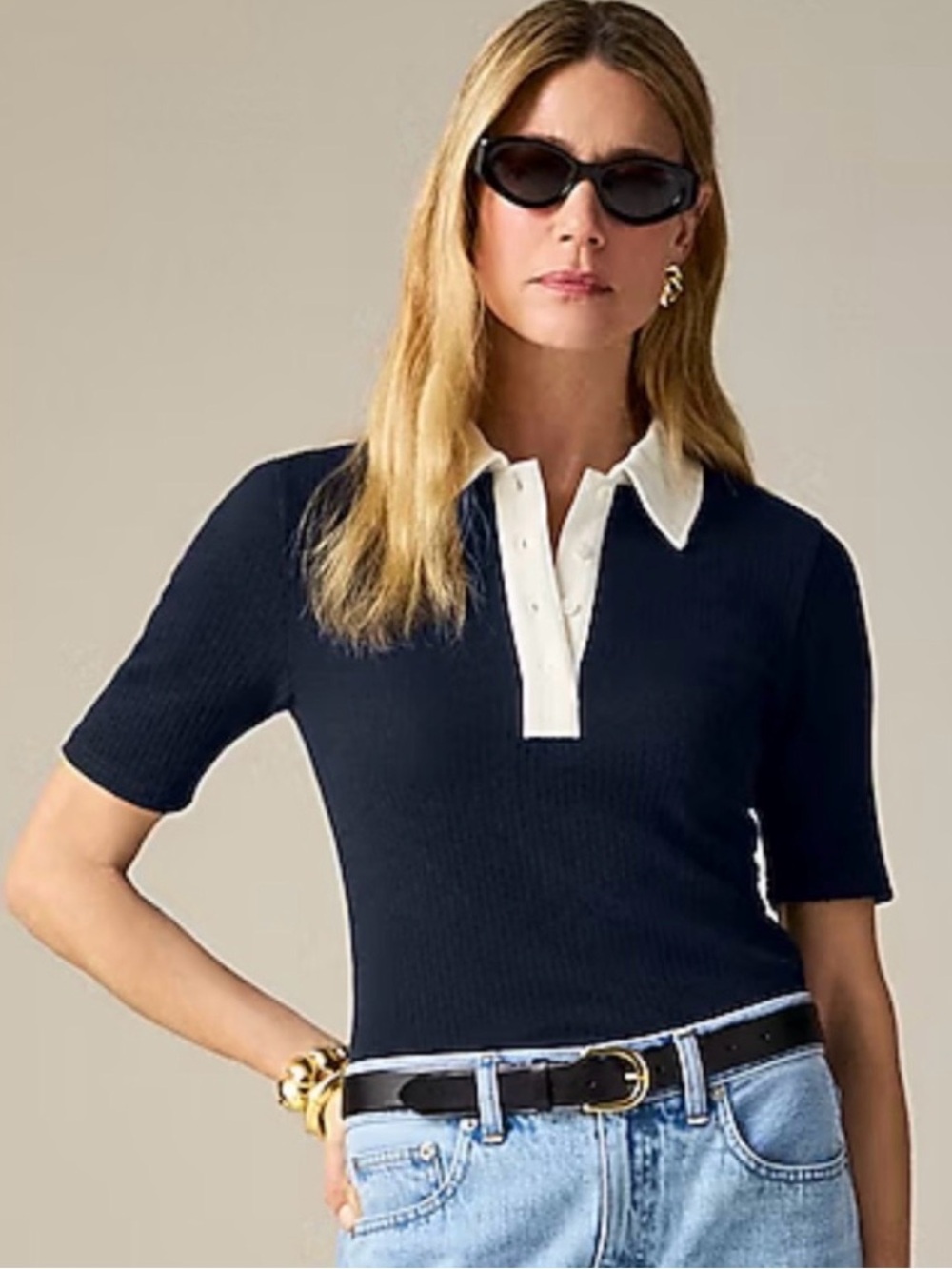 J. Crew Black and White Women's Premium rib short sleeve polo shirt
